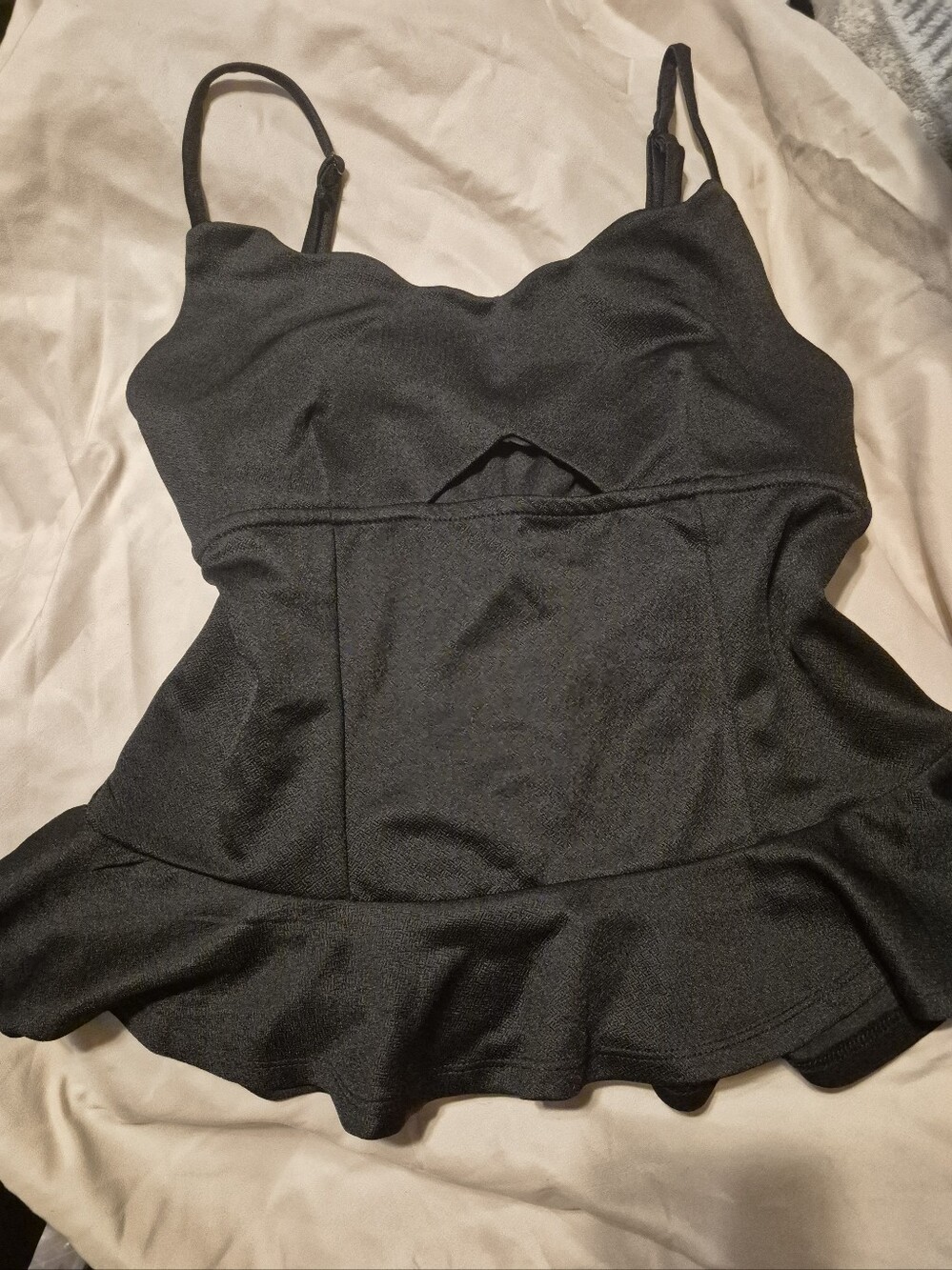 meraki Black Ruffled Peplum Cami with Sweetheart Neckline